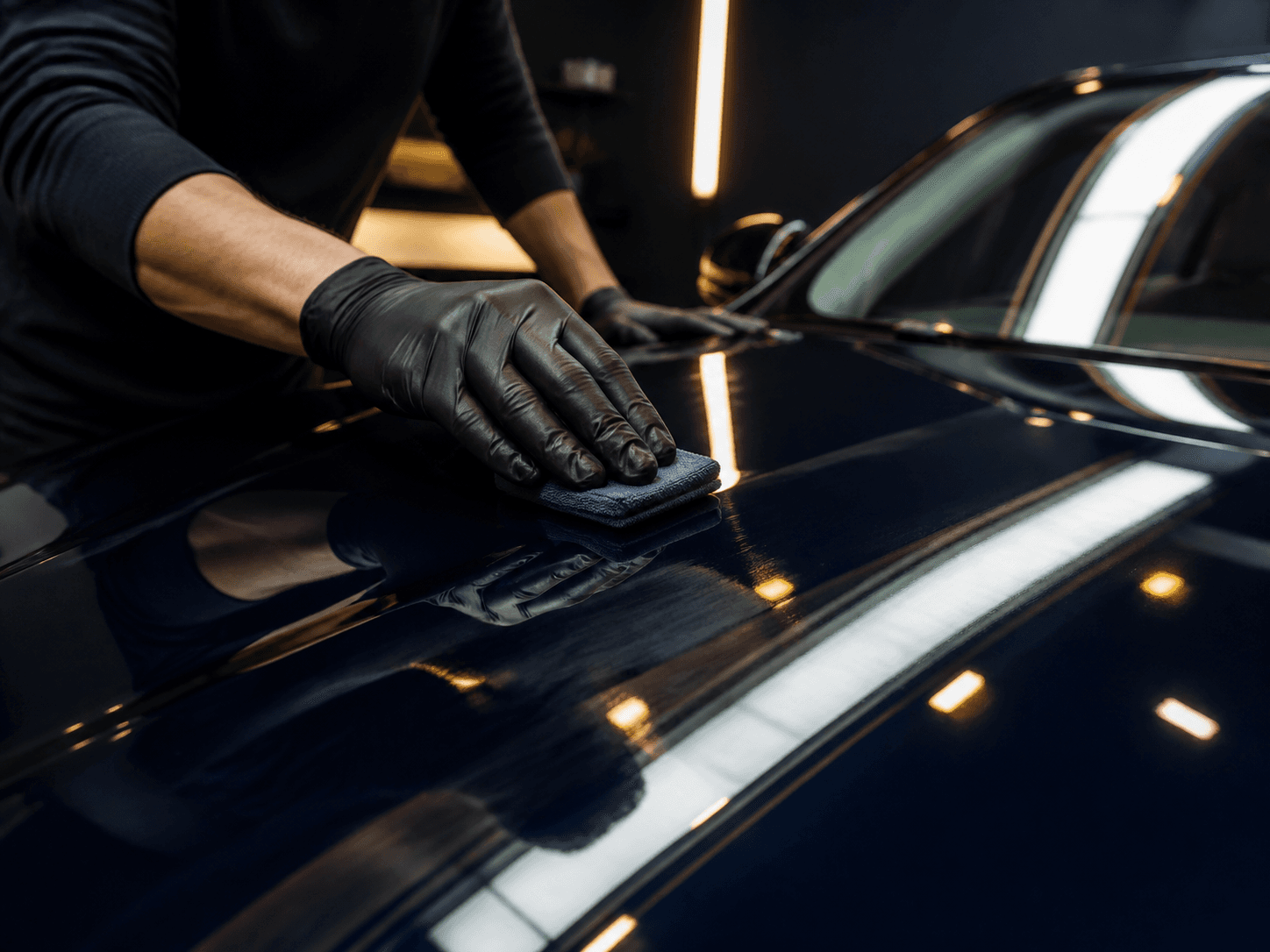 Gloved hands applying ceramic coating to prepared dark blue paint