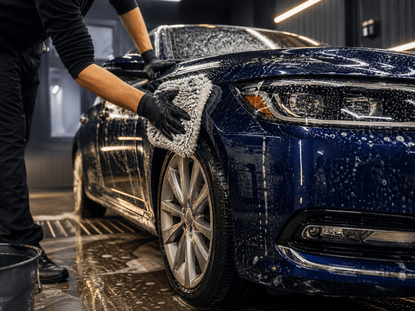 A vehicle being carefully washed by hand inside a professional detailing bay