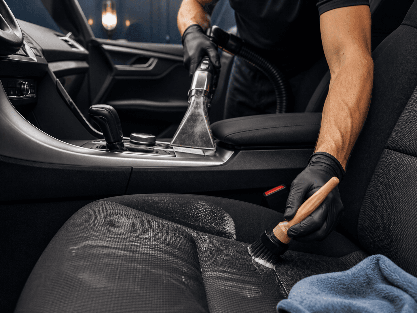 A detailer deep-cleaning a vehicle seat and centre console without showing their face